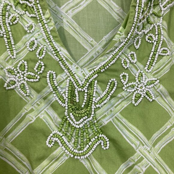 Brooks Brothers 346 Women’s Top Tunic Size Medium Cotton Green 3/4 Sleeve Beaded - Picture 3 of 9